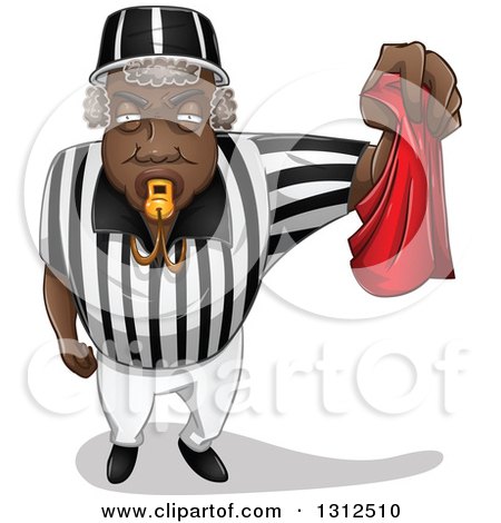 Clipart of a Black Male Referee Blowing a Whistle and Holding a Red Flag - Royalty Free Vector Illustration by Liron Peer