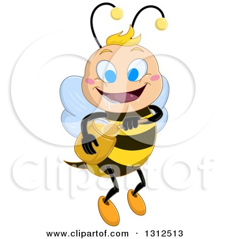 Clipart of a Cartoon Happy Blue Eyed Bee Flying with a Honey Jar - Royalty Free Vector Illustration by Liron Peer