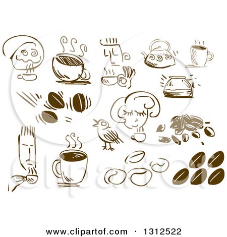 Clipart of Sketched People, Coffee Beans and Cups - Royalty Free Vector Illustration by Liron Peer
