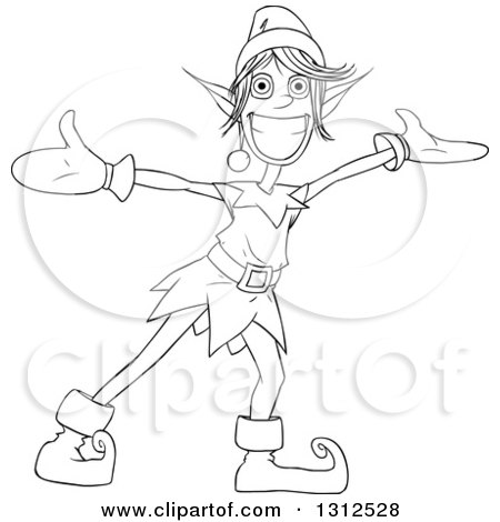 Lineart Clipart of a Cartoon Black and White Welcoming Christmas Elf with Open Arms - Royalty Free Outline Vector Illustration by Liron Peer