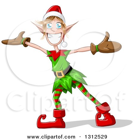 Clipart of a Cartoon Welcoming Christmas Elf with Open Arms - Royalty Free Vector Illustration by Liron Peer