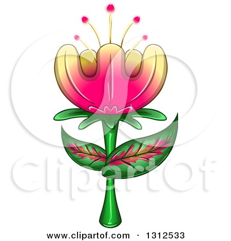 Clipart of a Gradient Yellow and Pink Exotic Flower with Leaves - Royalty Free Vector Illustration by Liron Peer