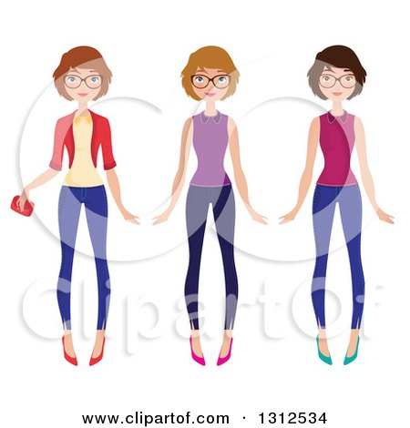 Clipart of a Three Different Caucasian Women Wearing Glasses and Outfits - Royalty Free Vector Illustration by Melisende Vector