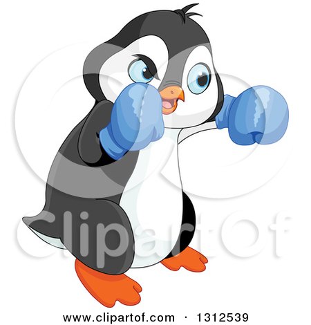 Clipart of a Cute Male Penguin Wearing Blue Boxing Gloves - Royalty Free Vector Illustration by Pushkin