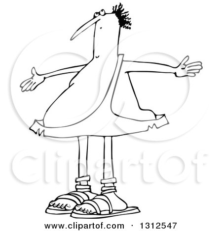Lineart Clipart of a Cartoon Black and White Chubby Caveman Looking up and Gesturing Why Me - Royalty Free Outline Vector Illustration by djart