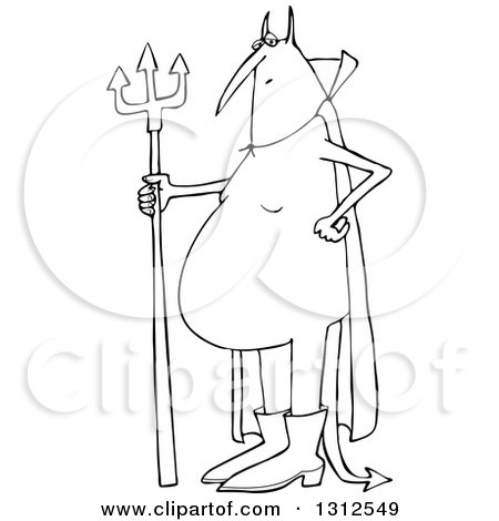 Lineart Clipart of a Cartoon Black and White Fat Devil Standing with a Pitchfork - Royalty Free Outline Vector Illustration by djart