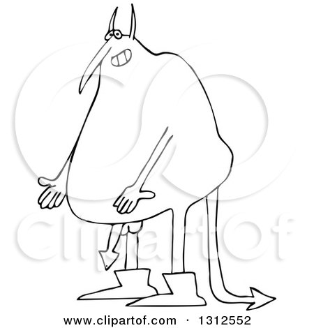 Lineart Clipart of a Cartoon Black and White Fat Devil Showing His Arrow Dick - Royalty Free Outline Vector Illustration by djart