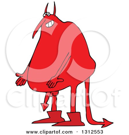 Clipart of a Cartoon Fat Red Devil Showing His Arrow Dick - Royalty Free Vector Illustration by djart
