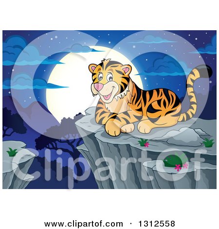 Clipart of a Cartoon Happy Tiger Resting on a Bluff Against a Night Landscape - Royalty Free Vector Illustration by visekart