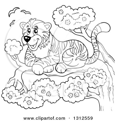 Lineart Clipart of a Cartoon Black and White Happy Resting Tiger in a Tree - Royalty Free Outline Vector Illustration by visekart