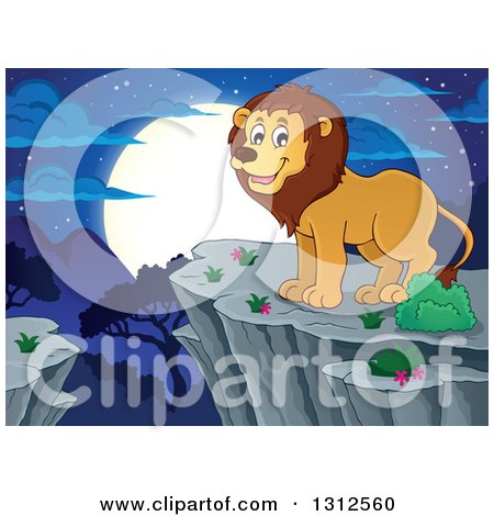 Clipart of a Cartoon Happy Male Lion on a Bluff over a Night Andscape - Royalty Free Vector Illustration by visekart
