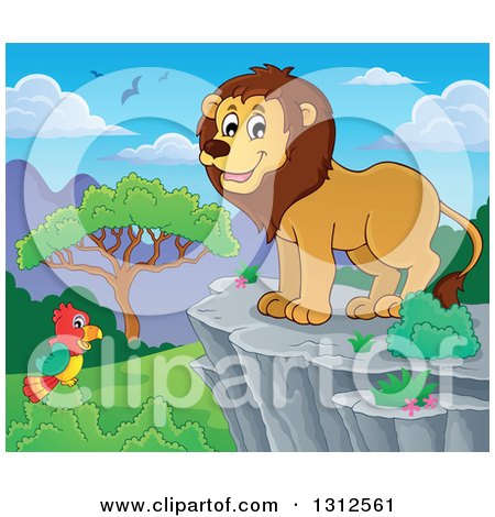 Clipart of a Cartoon Happy Male Lion on a Bluff over a Day Time Landscape - Royalty Free Vector Illustration by visekart