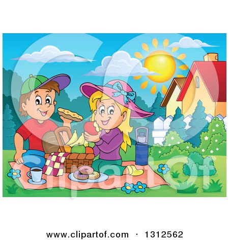 Clipart of a Cartoon White Boy and Girl Eating at a Picnic in a Park on a Sunny Day - Royalty Free Vector Illustration by visekart