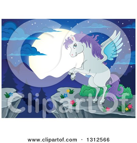 Clipart of a Cartoon White Pegasus with Purple Hair, Rearing on a Cliff over Mountains, a Forest and Full Moon at Night - Royalty Free Vector Illustration by visekart
