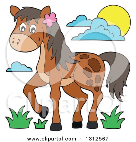 Clipart of a Cartoon Brown Horse, Grass, Sun and Clouds - Royalty Free Vector Illustration by visekart