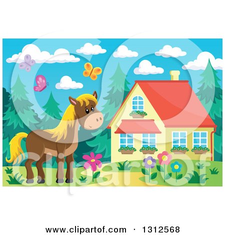 Clipart of a Brown Horse, Barn, Flowers and Butterflies by a House on a Spring Day - Royalty Free Vector Illustration by visekart
