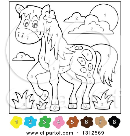 Clipart of a Color by Number Horse, Grass, Sun and Clouds - Royalty Free Vector Illustration by visekart