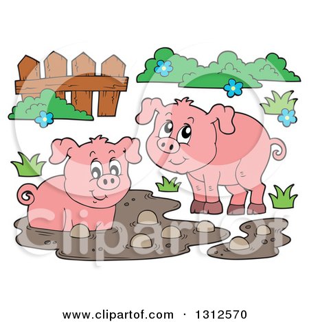 Clipart of Cartoon Pigs, Fence, Mud and Grass - Royalty Free Vector Illustration by visekart