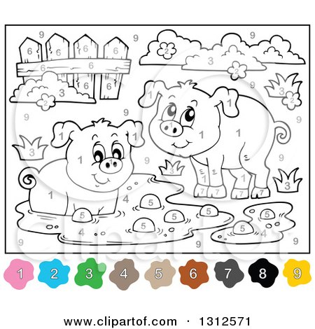 Clipart of Color by Number Pigs, Mud, Fence and Shrubs - Royalty Free Vector Illustration by visekart