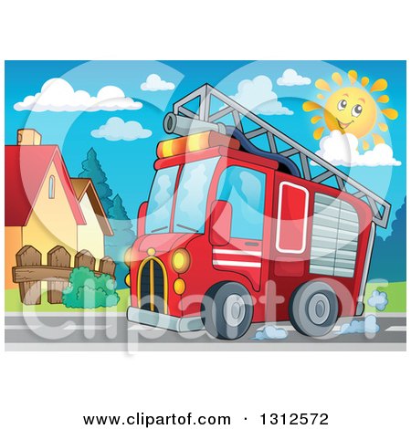 Clipart of a Cartoon Red Fire Truck Driving by Homes - Royalty Free Vector Illustration by visekart