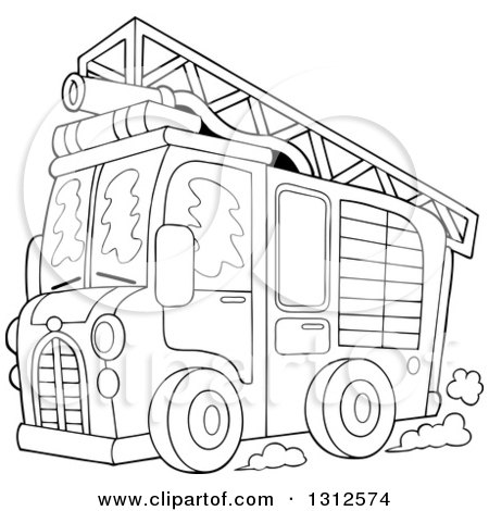 Lineart Clipart of a Cartoon Black and White Fire Truck with a Ladder and Hose on the Top - Royalty Free Outline Vector Illustration by visekart