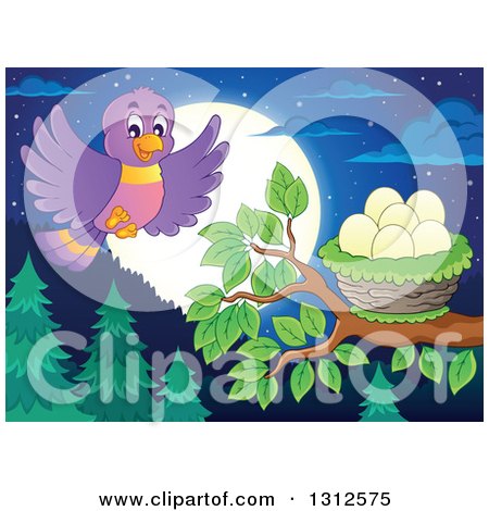 Clipart of a Cartoon Blue Bird Landing on a Branch with a Nest and Eggs, over an Evergreen Forest, with a Full Moon at Night - Royalty Free Vector Illustration by visekart