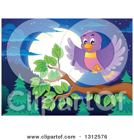 Clipart of a Cartoon Blue Bird Landing on a Branch over an Evergreen Forest, with a Full Moon at Night - Royalty Free Vector Illustration by visekart