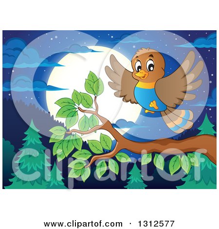 Clipart of a Cartoon Bird Landing on a Branch over an Evergreen Forest, with a Full Moon at Night - Royalty Free Vector Illustration by visekart