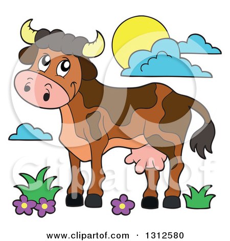 Clipart of a Cartoon Brown Cow, Flowers, Grass, Sun and Clouds - Royalty Free Vector Illustration by visekart