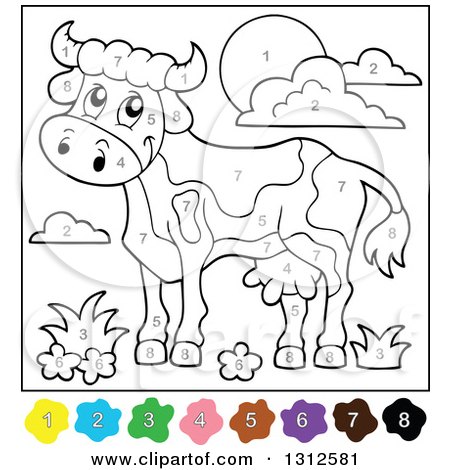Clipart of a Color by Number Cow, Sun, Flowers and Clouds - Royalty Free Vector Illustration by visekart