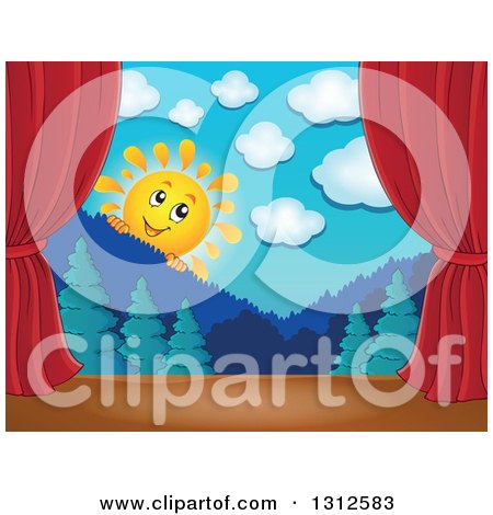 Clipart of a Happy Sun Looking over Mountains and a Forest Stage Set with Red Curtains - Royalty Free Vector Illustration by visekart