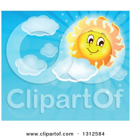 Clipart of a Cartoon Sun with Puffy Clouds and Sun Rays in a Blue Day Sky - Royalty Free Vector Illustration by visekart