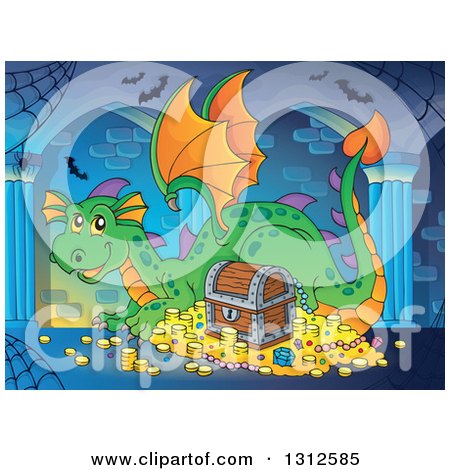 Clipart of a Cartoon Green Dragon Resting by Treasure in a Hallway - Royalty Free Vector Illustration by visekart