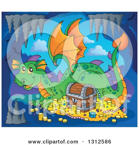 Clipart of a Cartoon Green Dragon Resting by Treasure in a Cave - Royalty Free Vector Illustration by visekart
