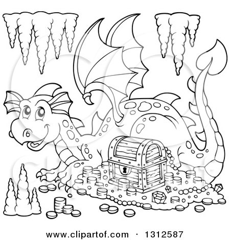 Clipart of a Cartoon Black and White Dragon Resting by Treasure with Formations - Royalty Free Vector Illustration by visekart