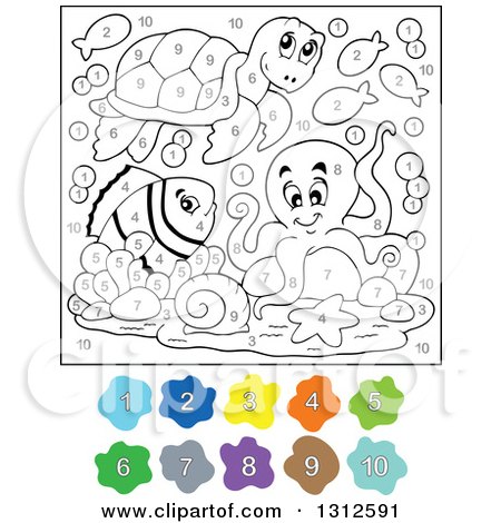 Clipart of a Color by Number Sea Turtle, Fish and Octopus - Royalty Free Vector Illustration by visekart