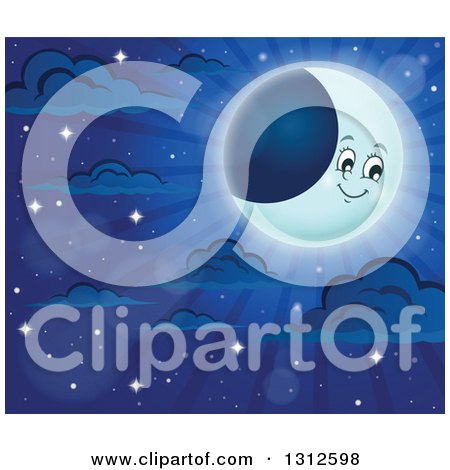 Clipart of a Happy Crescent Moon with Flares, Light and Stars in the Night Sky - Royalty Free Vector Illustration by visekart