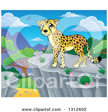 Clipart of a Cartoon Cheetah on a Bluff over a Day Landscape - Royalty Free Vector Illustration by visekart