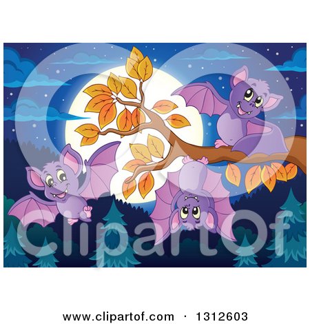 Clipart of Cartoon Purple Bats at a Branch over an Evergreen Forest, with a Full Moon at Night - Royalty Free Vector Illustration by visekart