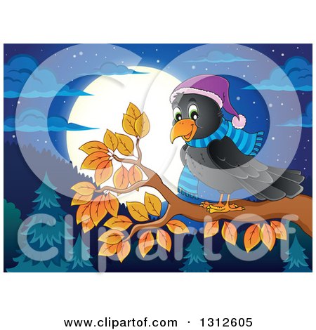 Clipart of a Cartoon Black Bird on a Branch over an Evergreen Forest, with a Full Moon at Night - Royalty Free Vector Illustration by visekart