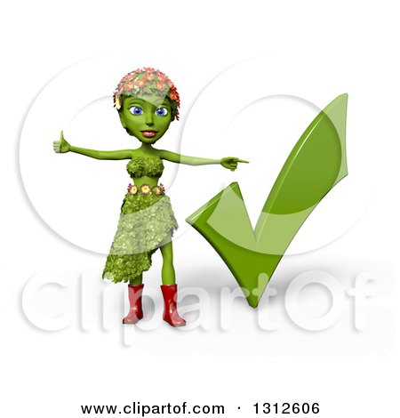 Clipart of a 3d Green Nature Woman Wearing Leaves and Flowers, Giving a Thumb up and Pointing to a Check Mark, over White with Shading - Royalty Free Illustration by Michael Schmeling