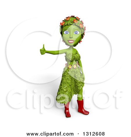 Clipart of a 3d Green Nature Woman Wearing Leaves and Flowers, Giving a Thumb Up, over White with Shading - Royalty Free Illustration by Michael Schmeling