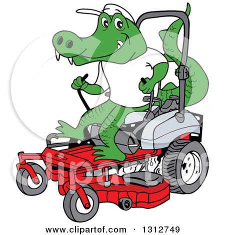 Clipart of a Cartoon Alligator Operating a Red Riding Lawn Mower - Royalty Free Vector Illustration by LaffToon