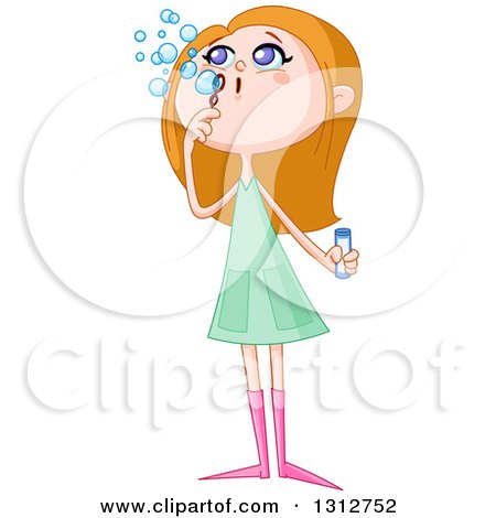 Clipart of a Cartoon White Girl Blowing Bubbles - Royalty Free Vector Illustration by yayayoyo