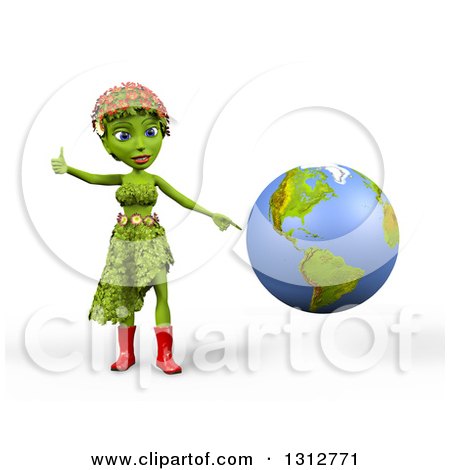 Clipart of a 3d Green Nature Woman Wearing Leaves and Flowers, Giving a Thumb up and Pointing to the Americas on Planet Earth, over White with Shading - Royalty Free Illustration by Michael Schmeling