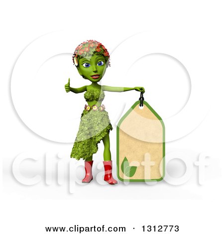 Clipart of a 3d Green Nature Woman Wearing Leaves and Flowers, Giving a Thumb up and Holding a Price Tag, over White with Shading - Royalty Free Illustration by Michael Schmeling