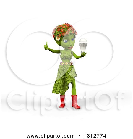 Clipart of a 3d Green Nature Woman Wearing Leaves and Flowers, Giving a Thumb up and Holding an LED Light Bulb, over White with Shading - Royalty Free Illustration by Michael Schmeling