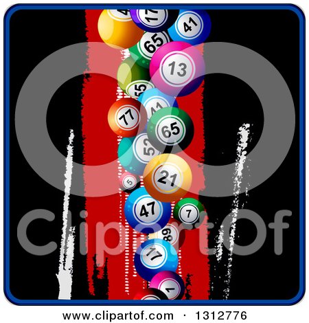 Clipart of 3d Colorful Bingo or Lotter Balls Falling over a Grungy Black and Red Background, with a Blue Border - Royalty Free Vector Illustration by elaineitalia