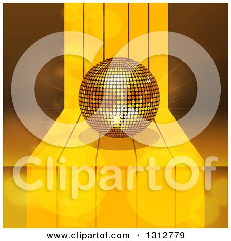 Clipart of a 3d Gold Disco Ball on a Step over Lights and Flares - Royalty Free Vector Illustration by elaineitalia