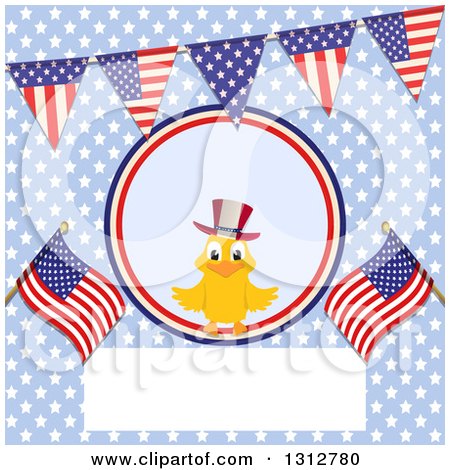 Clipart of a Happy Patriotic Chick on an Independence Day Background of American Flags, Stars and a Blank Frame - Royalty Free Vector Illustration by elaineitalia